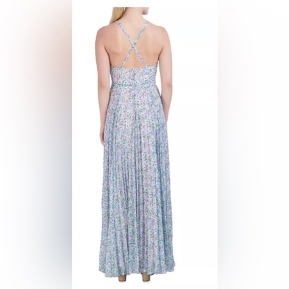 Laundry by Shelli Segal V-Neck blue Floral pleated silk slip Maxi Dress size 10 - Picture 3 of 4